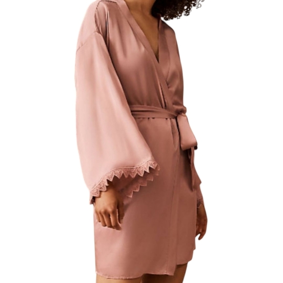 BHLDN Anthro Matine Robe Rose Pink Viscose Tie Waist Lace Trim Bride Soft Medium - Picture 2 of 10